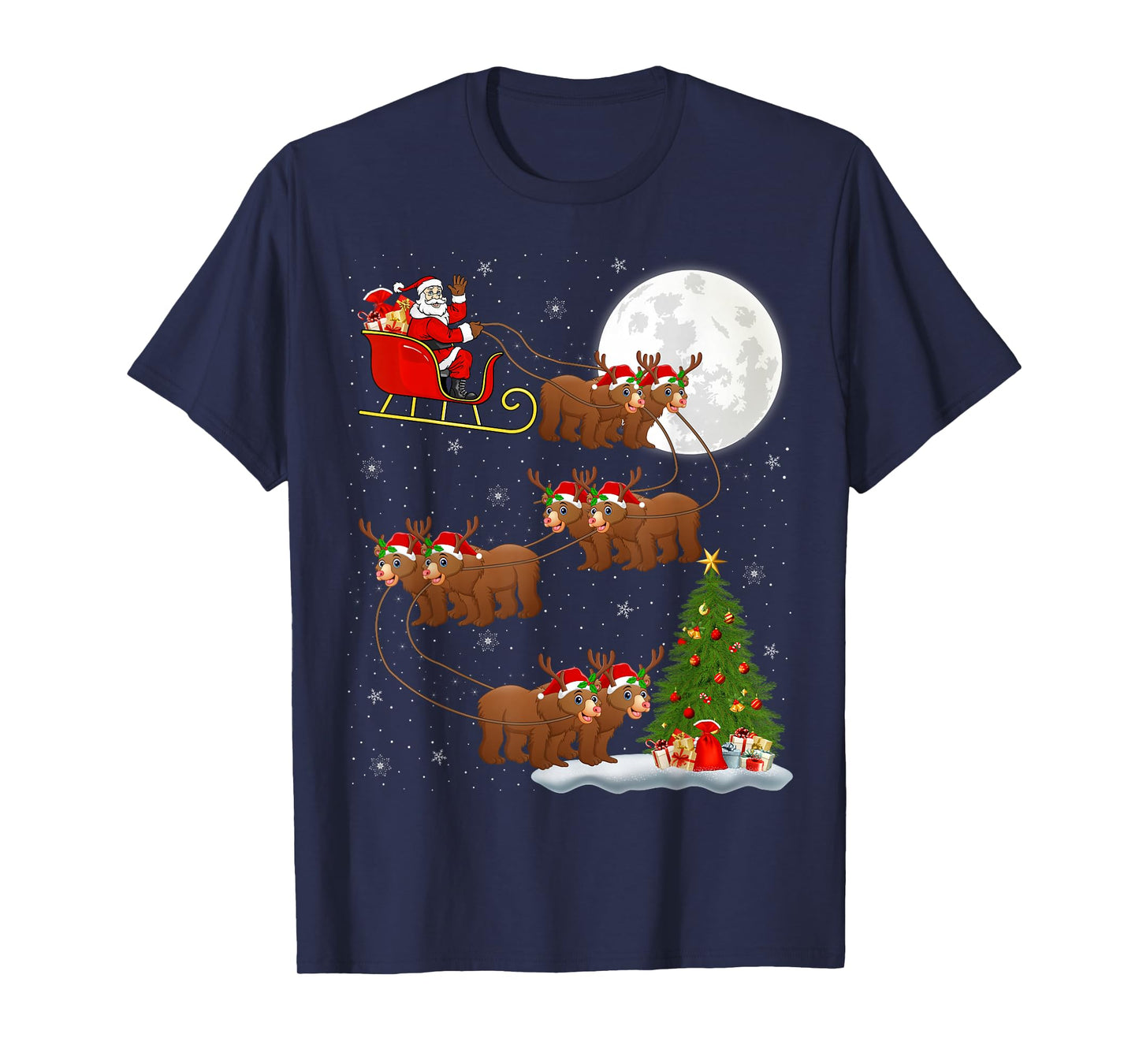Bear Santa Sleigh Flying Funny Magical Christmas T-Shirt