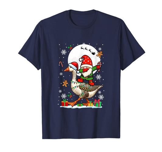 Dabbing Gnome On Goose Christmas Santa Colorful Lights T-Shirt