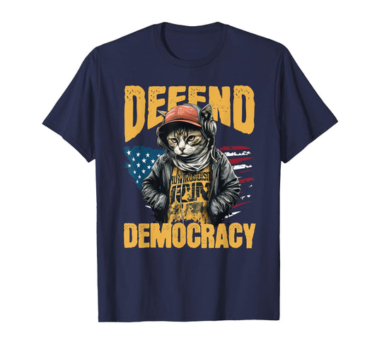 Defend Democracy Protect Our Right Vintage US Flag Urban Cat T-Shirt