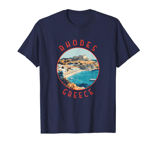 Rhodes Greece Retro Distressed Circle T-Shirt