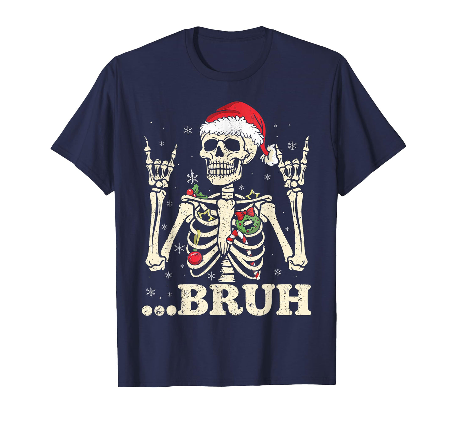 Rock On Skeleton Santa Hat Bruh Meme Xmas Punk Rock Men Boys T-Shirt