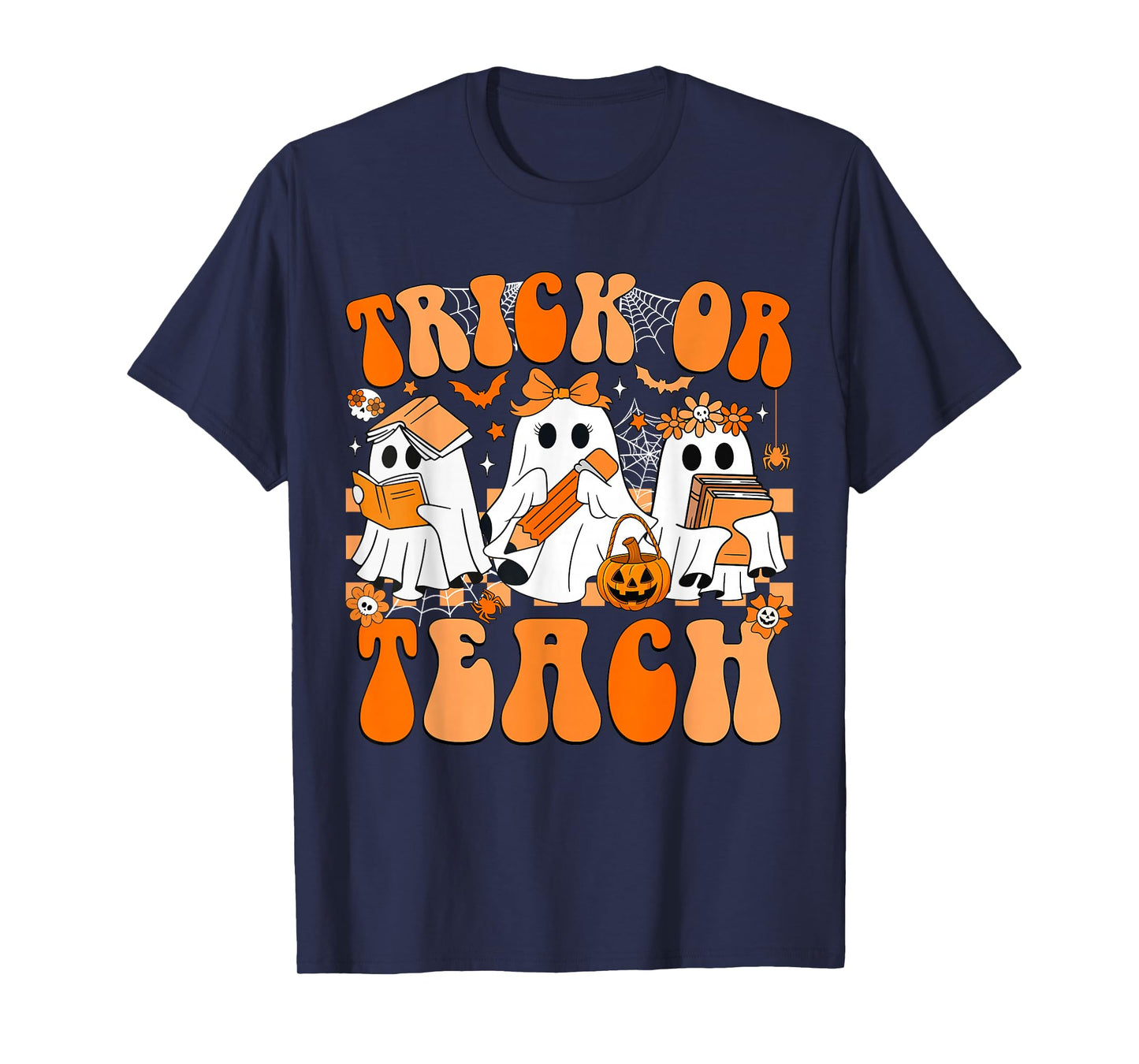 Trick Or Teach Groovy Teacher Halloween Retro Floral Ghost T-Shirt