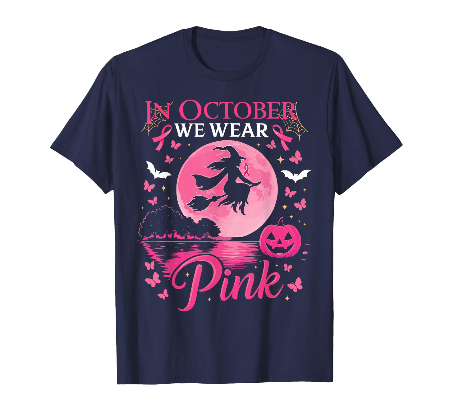 in October We Wear Pink Ribbon Witch Halloween Shirt T-Shirt