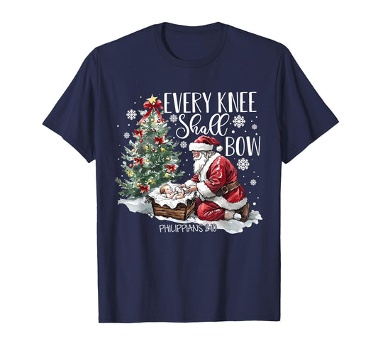 Every Knee Shall Bow Santa Christmas Nativity Scene Xmas T-Shirt