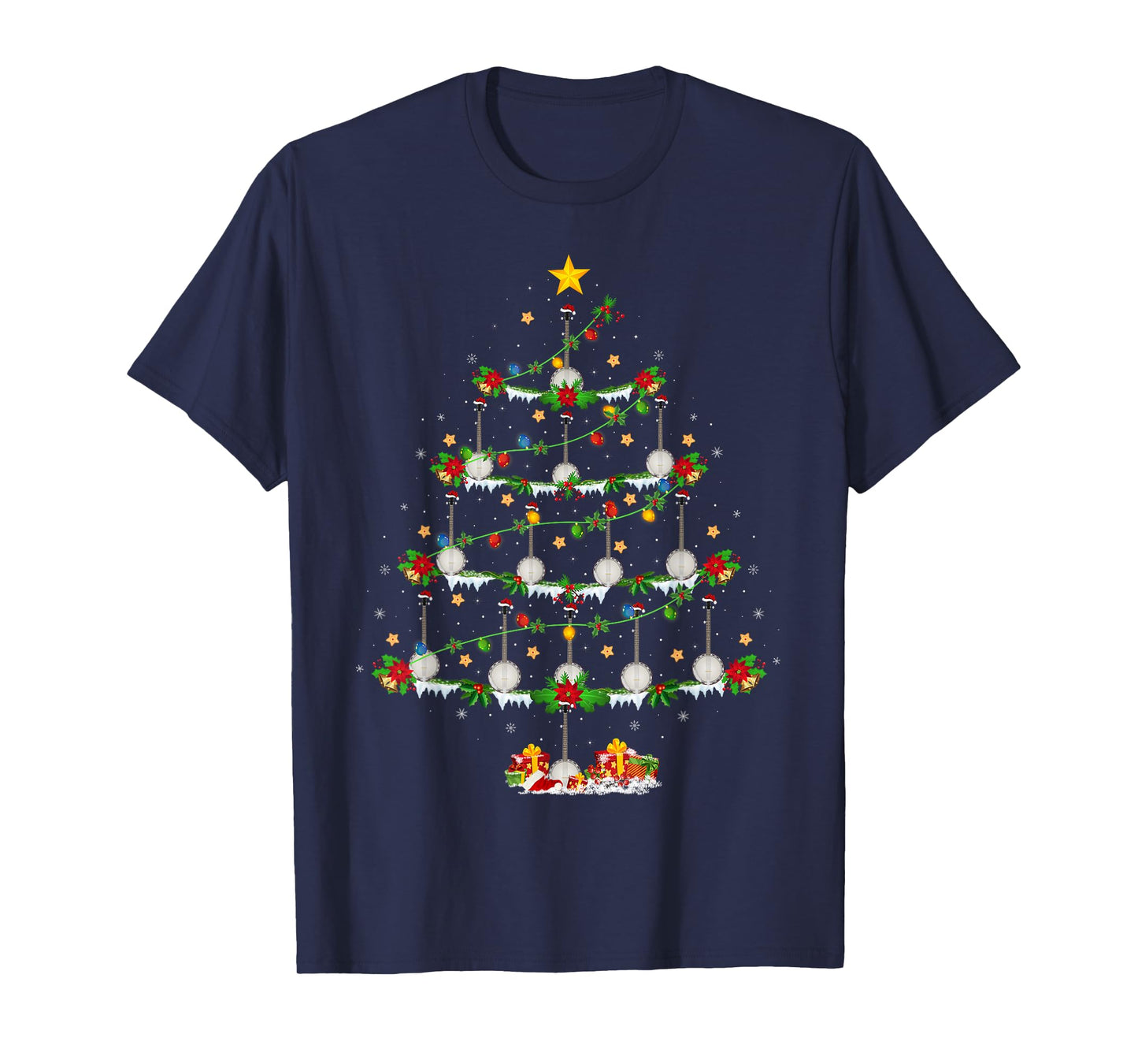 Musical Banjo Christmas Tree Lights Funny Music Lover Xmas T-Shirt