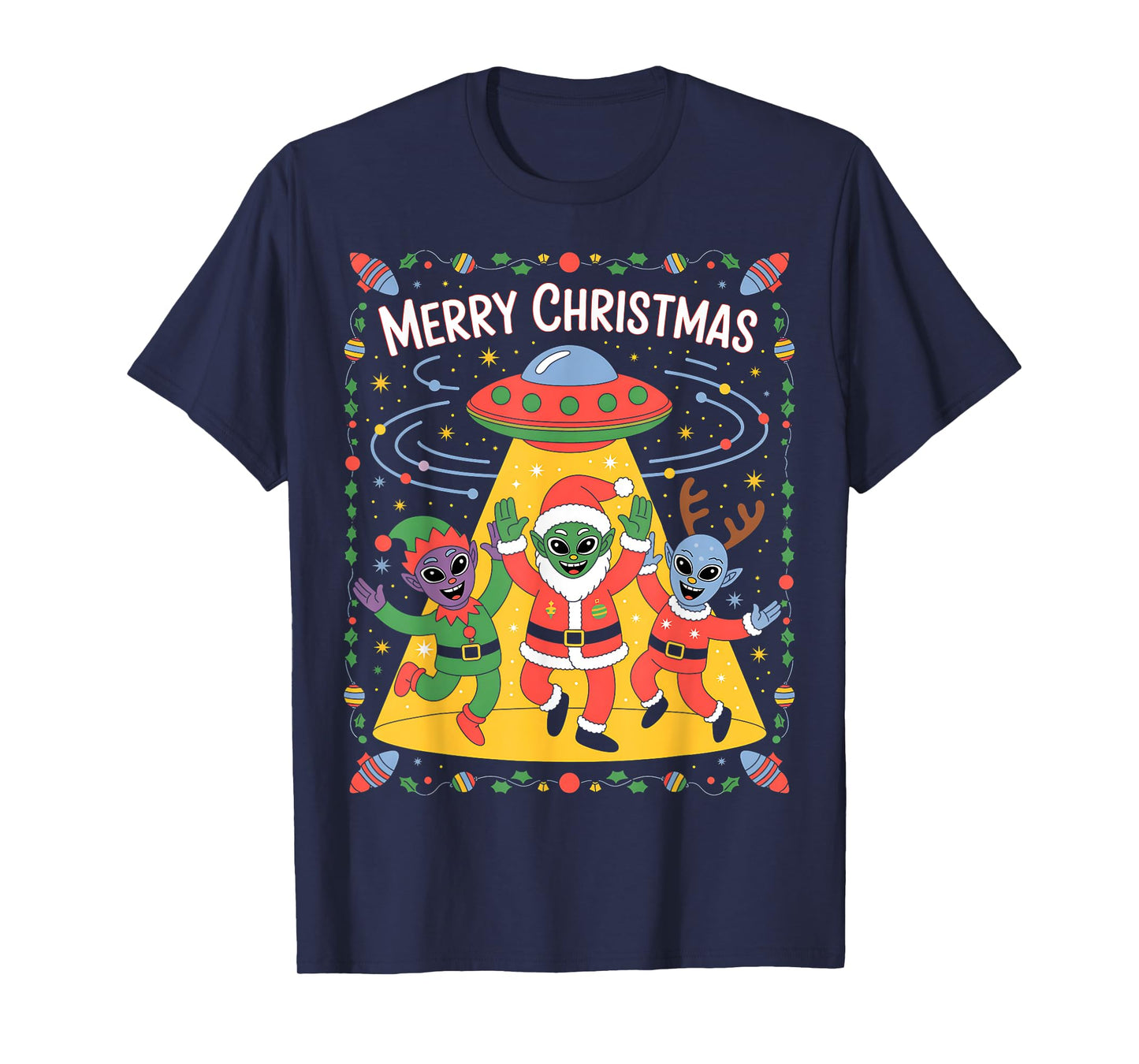 Funny Alien Trio Merry Ugly Christmas Santa Hat Gifts Xmas T-Shirt