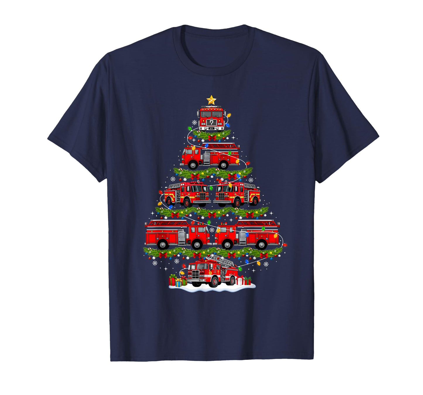 Fire Truck Firefighter Christmas Tree Lights Xmas Pajamas T-Shirt