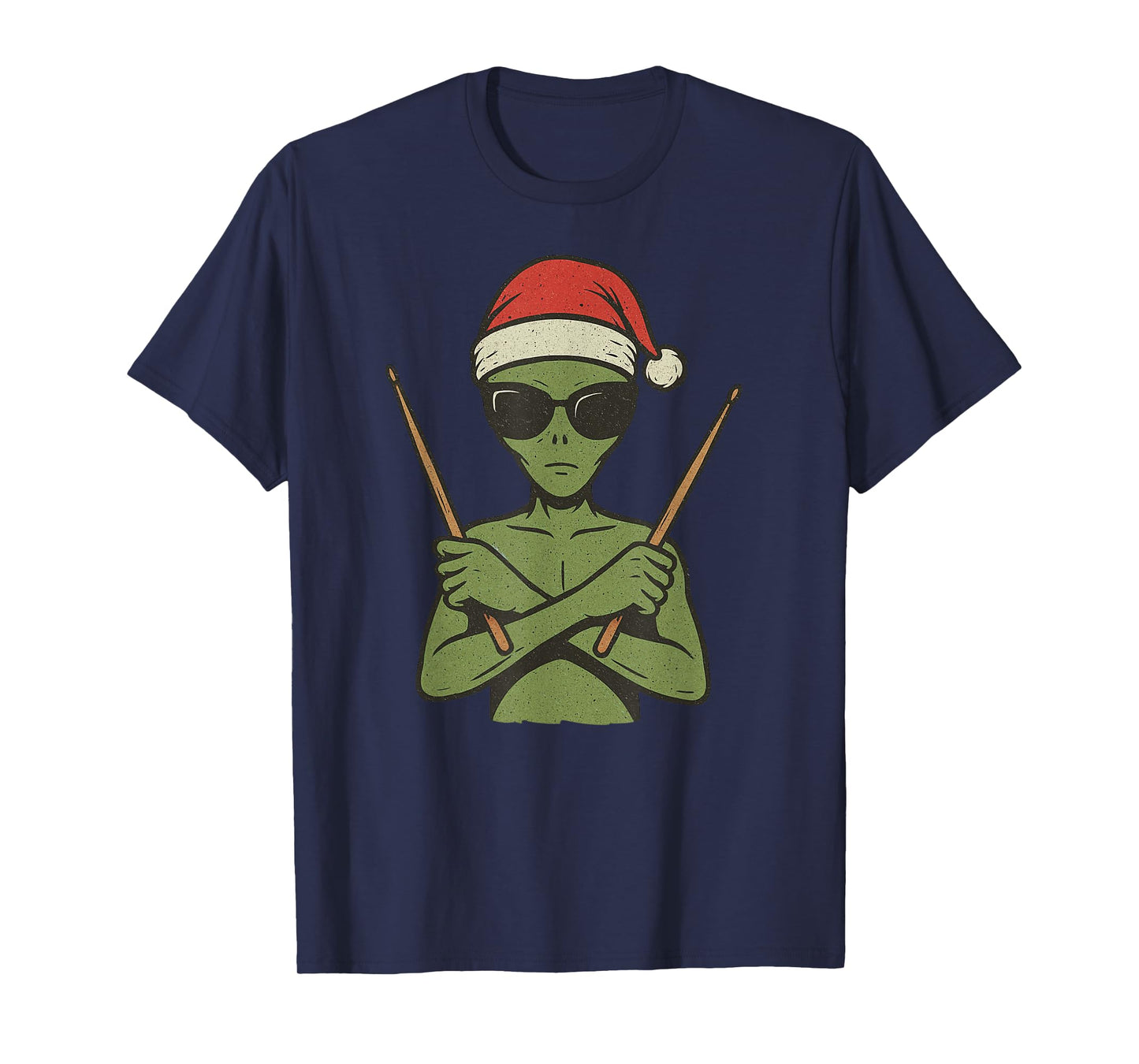 Alien Playing Drums Christmas Vintage Funny Drummer Xmas T-Shirt