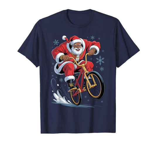 Afro Santa BMX African American Christmas Funny Holiday T-Shirt
