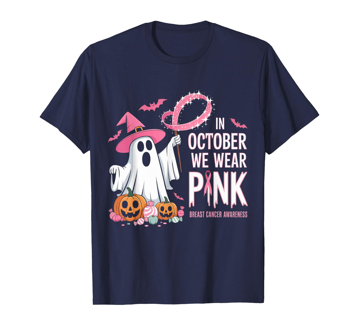in October We Wear Pink Ghost Witch Breast Cancer Awareness T-Shirt