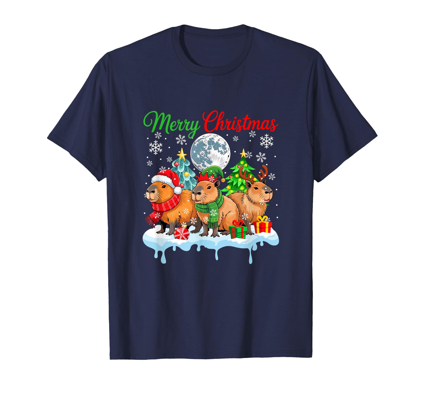 Merry Christmas Three Santa Elf Reindeer Capybaras Rodent T-Shirt