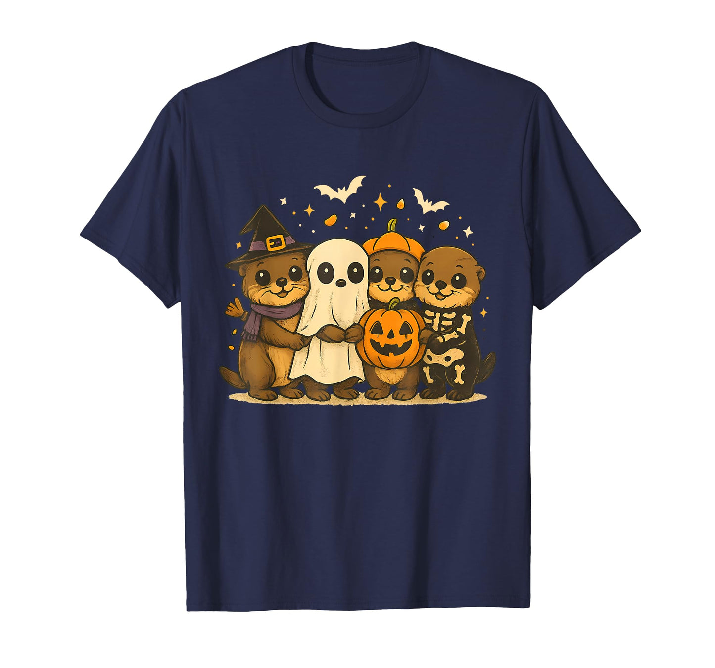 Witch Ghost Pumpkin Skeleton Otters Halloween Sea Animal T-Shirt