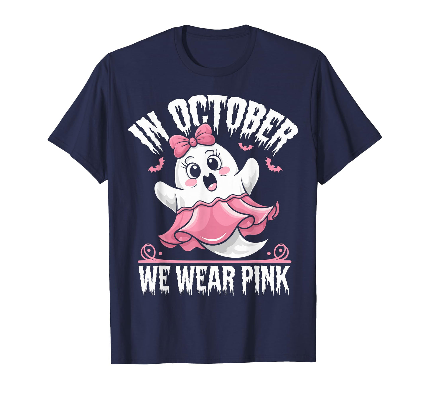 in October We Wear Pink Ghost Witch Breast Cancer Awareness T-Shirt