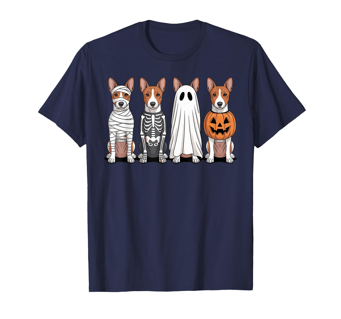 Spooky Ghost Basenji Pumpkin Halloween Dog Skeleton T-Shirt