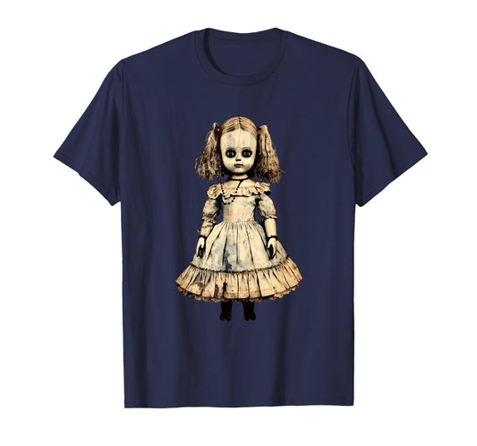 Vintage Creepy Horror Doll Supernatural Goth Haunted Doll T-Shirt, Small, Black