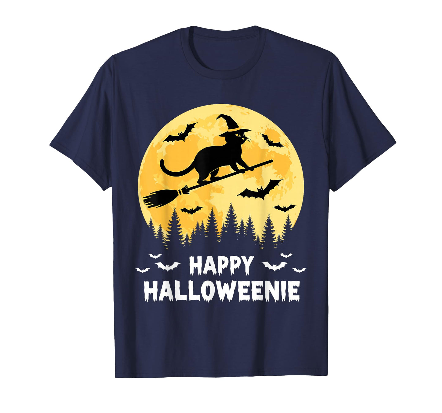 Happy Halloweenie Funny Halloween Cat Flying Witch T-Shirt