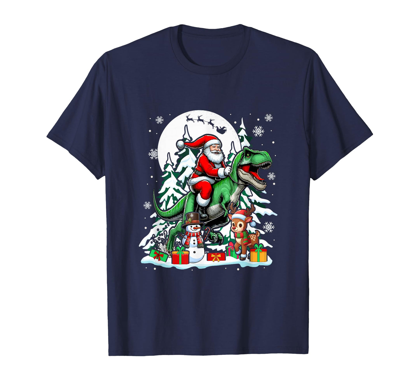 Santa Riding T-Rex Reindeer Snowman Christmas Family Kids T-Shirt