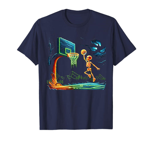 Skeleton Slam Dunk Hoop Basketball Halloween Men Boys Fans T-Shirt