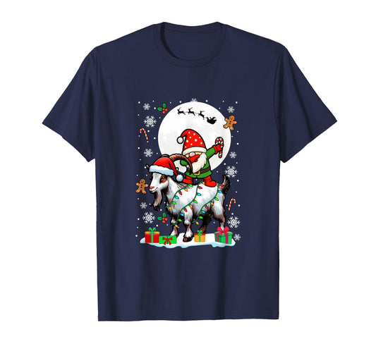 Dabbing Gnome On Goat Christmas Santa Colorful Lights T-Shirt