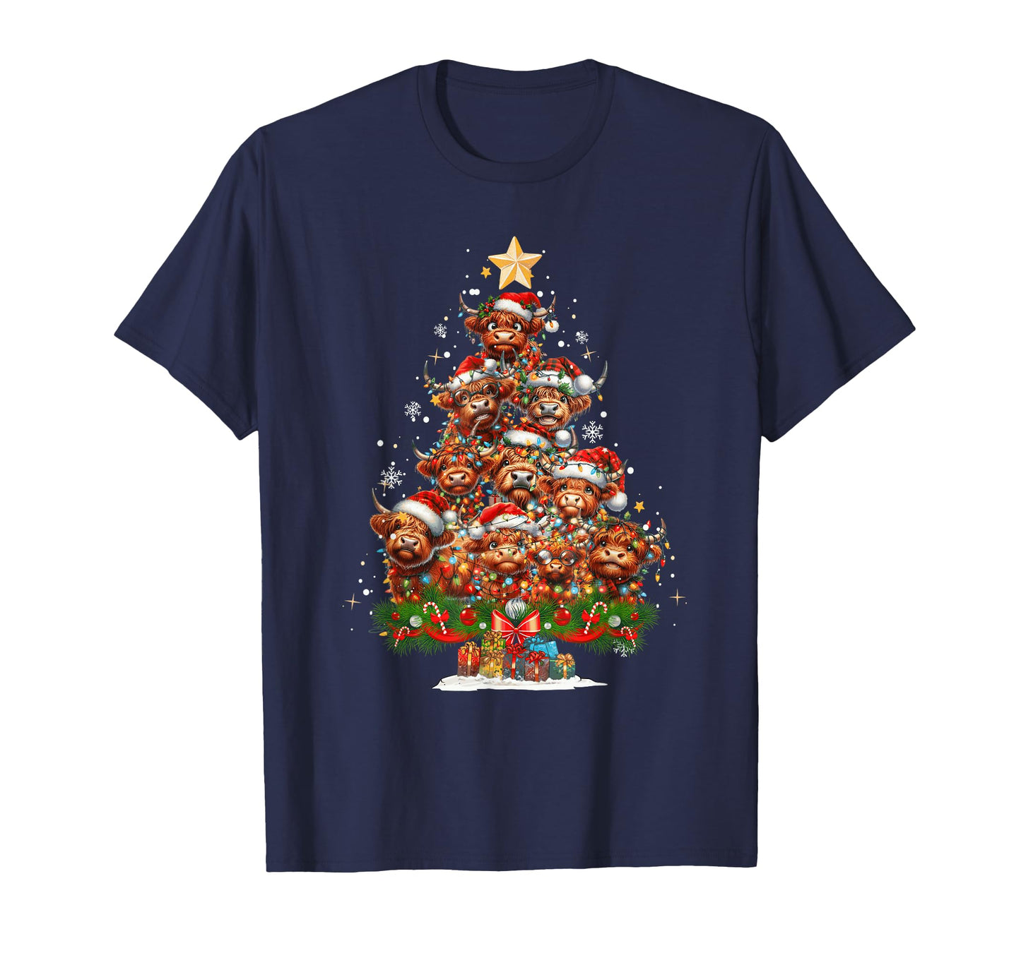 Funny Highland Cow Christmas Tree Light Xmas Funny Cow Lover T-Shirt