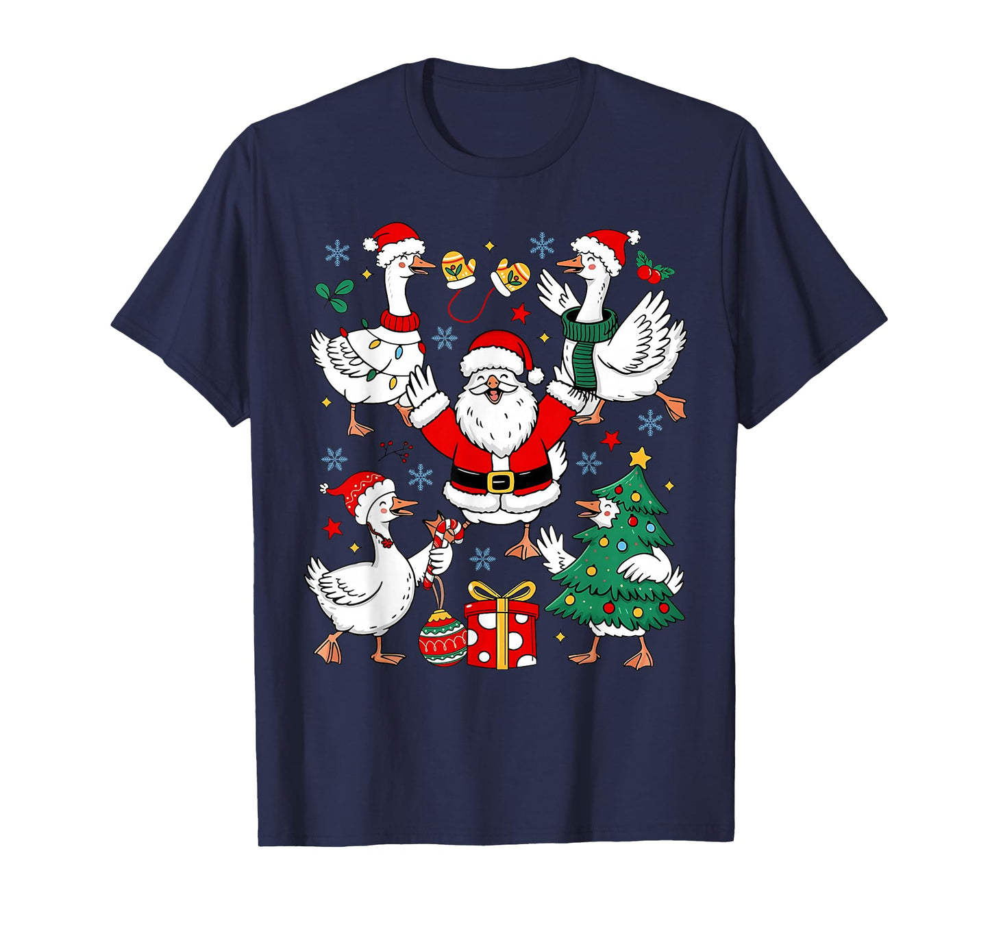 Funny Christmas Goose Santa Xmas Tree Lights Men Women Kids T-Shirt
