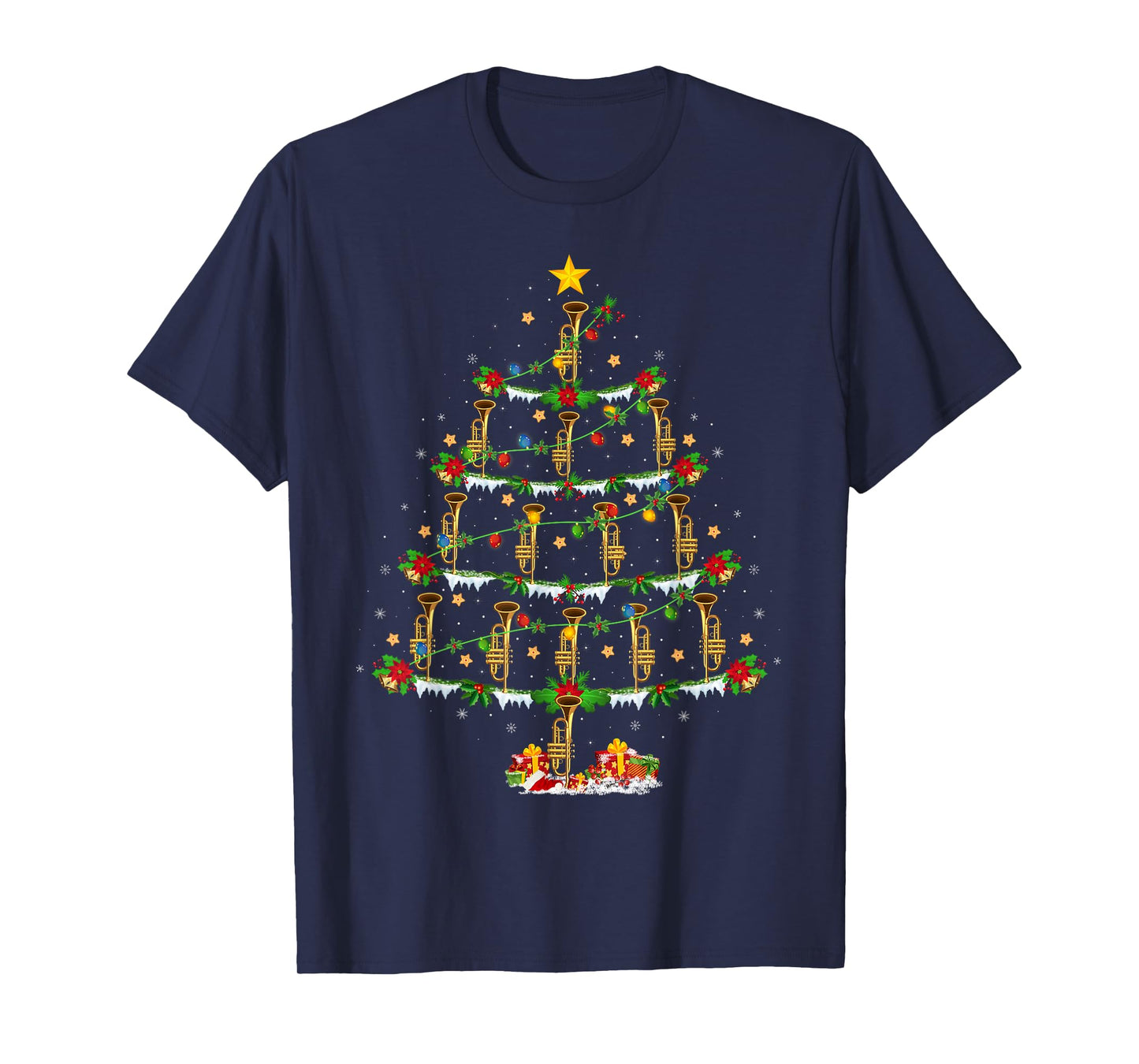 Trumpet Christmas Tree Lights Music Lover Musical Xmas T-Shirt