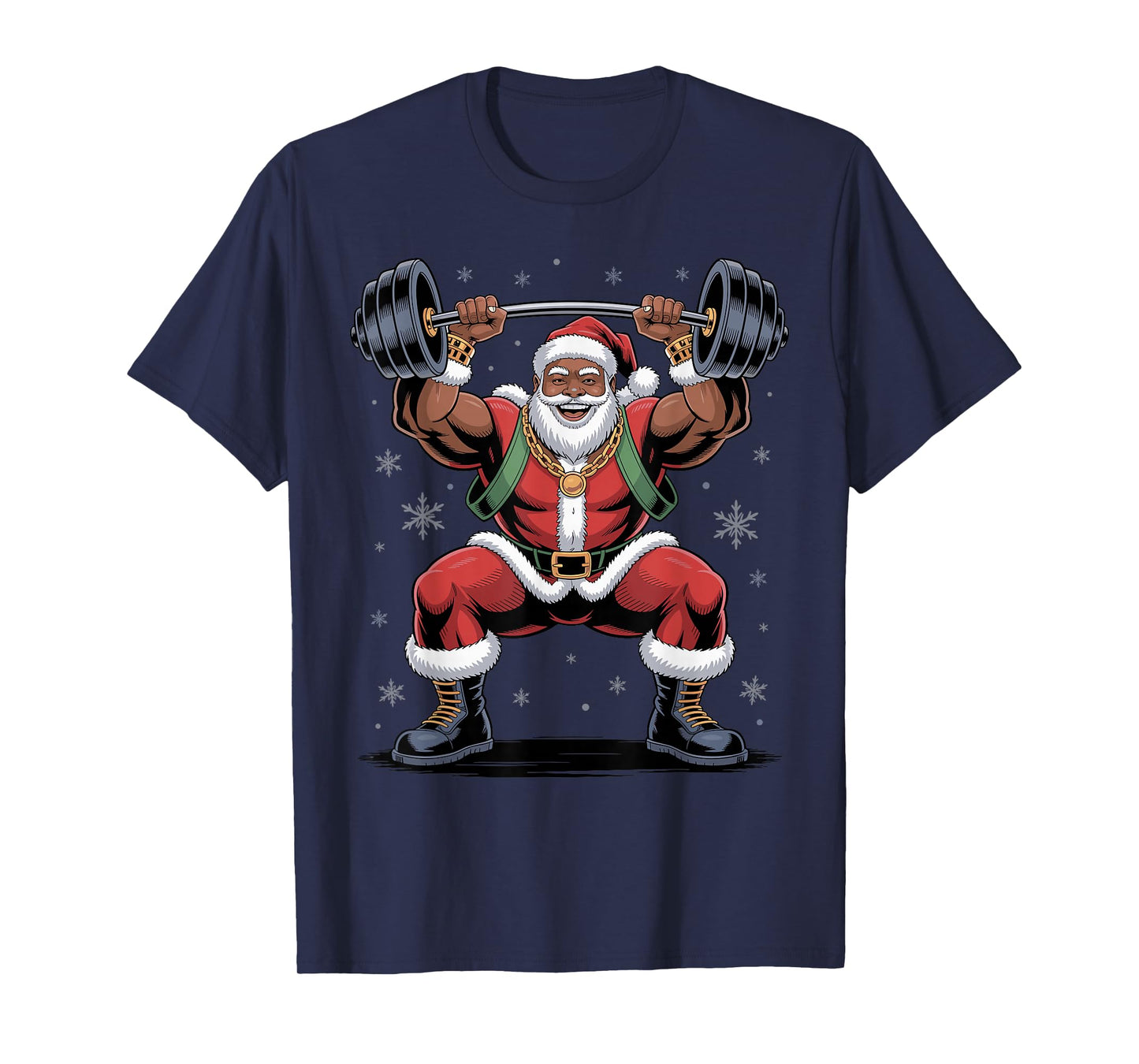 Santa Weightlifting African American Christmas Funny Holiday T-Shirt