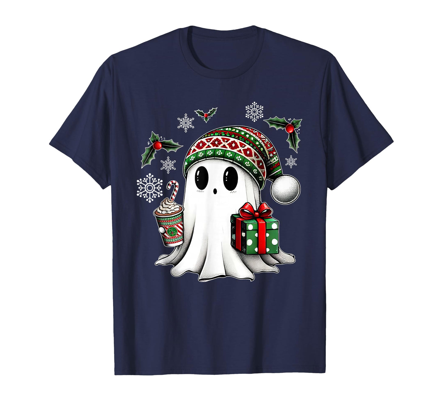 Cute Christmas Ghost Spirit with Santa Hat Coffee and Gift T-Shirt