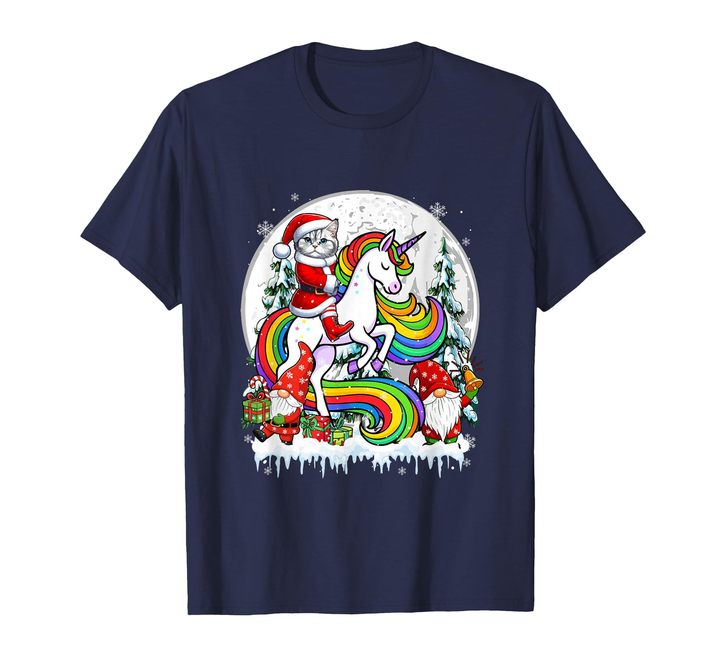 Santa Cat Riding Unicorn Gnomes Christmas Trees Family Kids T-Shirt
