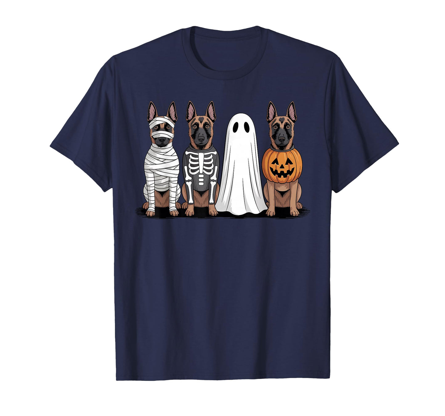 Spooky Ghost Belgian Malinois Pumpkin Halloween Dog Skeleton T-Shirt