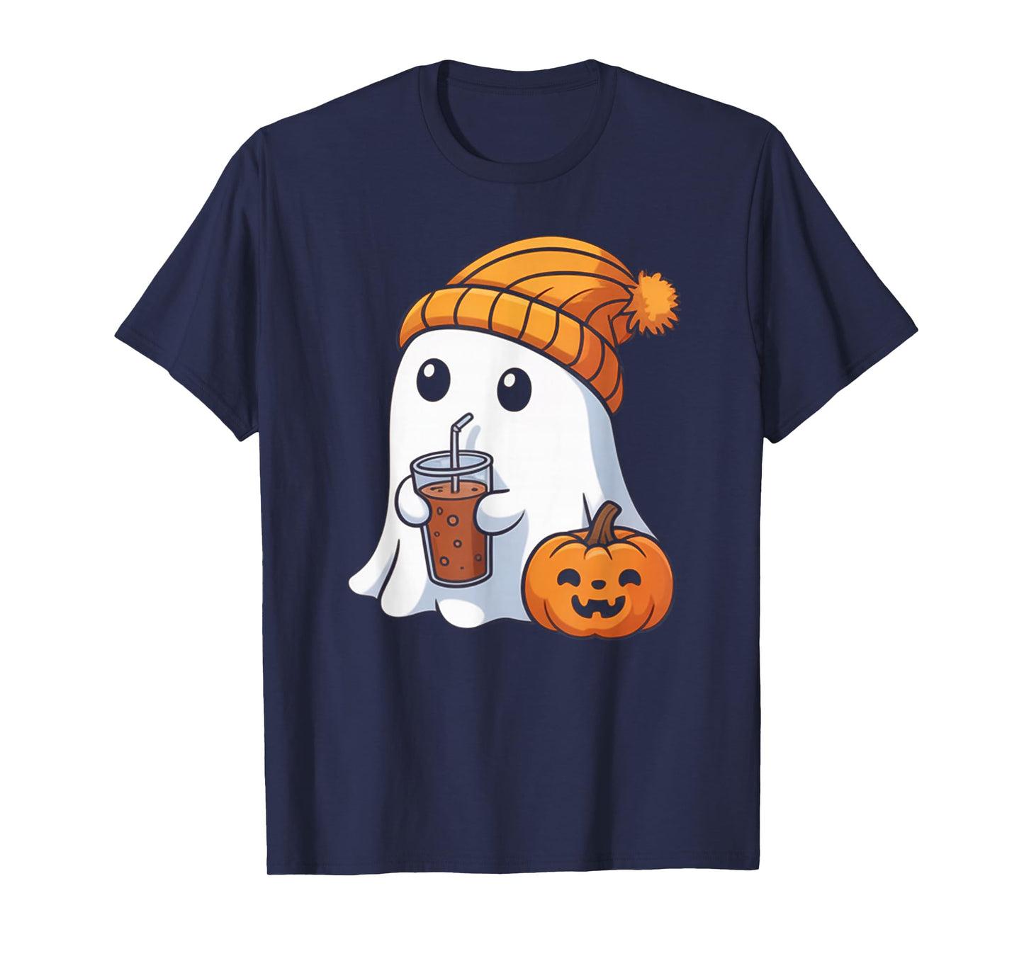 Spooky Cute Ghost Drinking Pumpkin Iced Coffee Halloween Bow T-Shirt