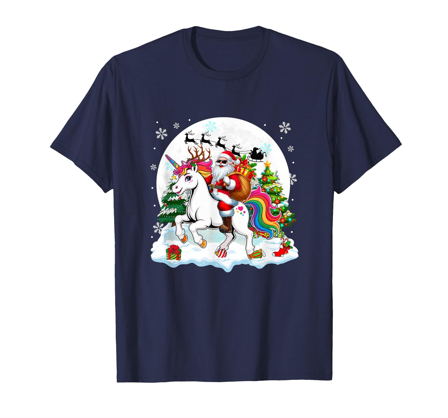 Santa Sunglasses Riding Unicorn Reindeer Christmas Snowman T-Shirt