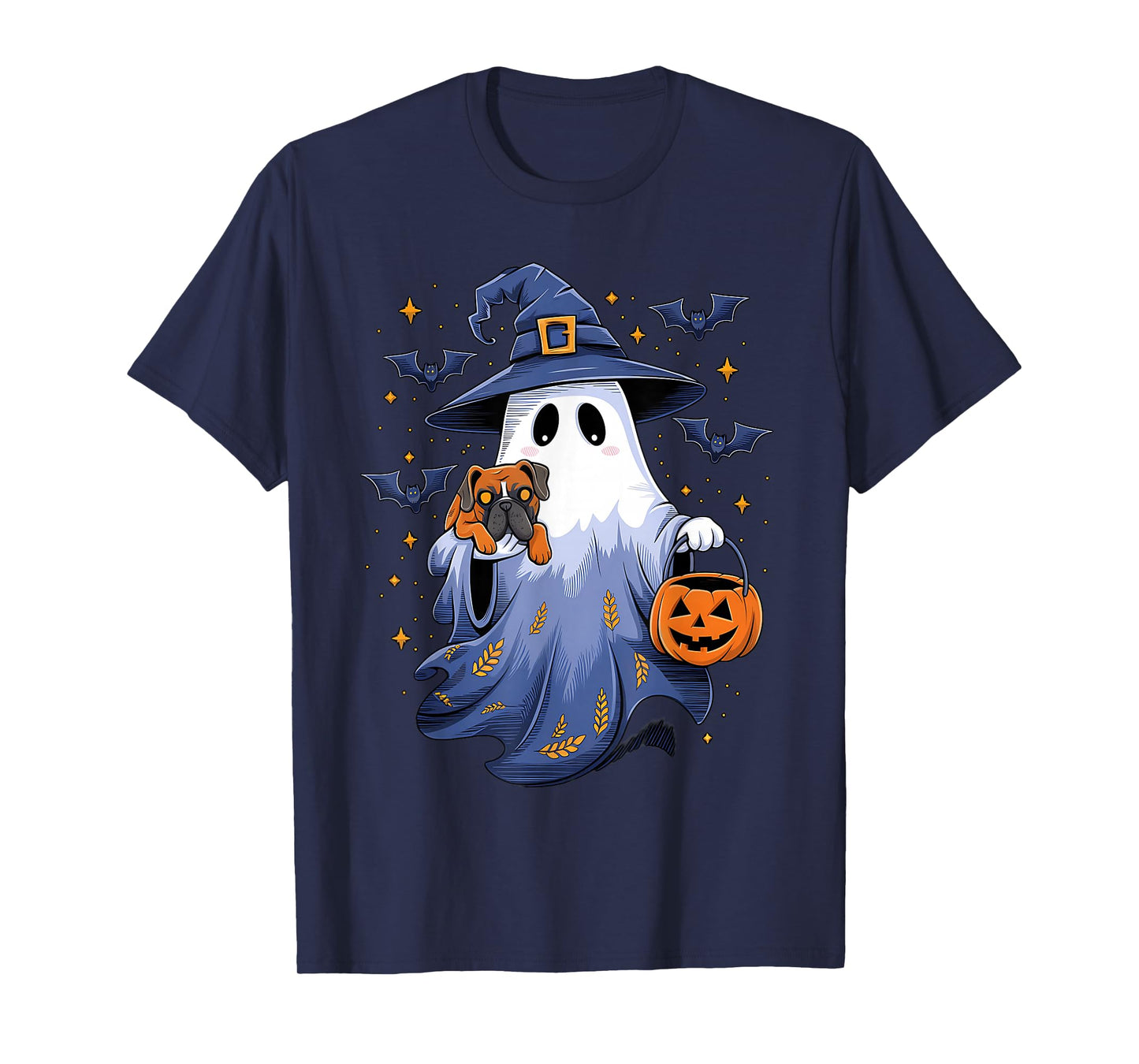 Ghost Witch Holding Boxer Dog Pumpkins Vintage Halloween T-Shirt