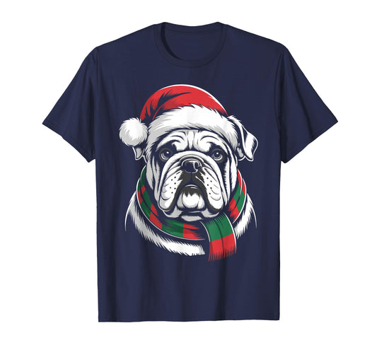 English Bulldog Xmas Santa Hat Scarf Christmas Costume T-Shirt