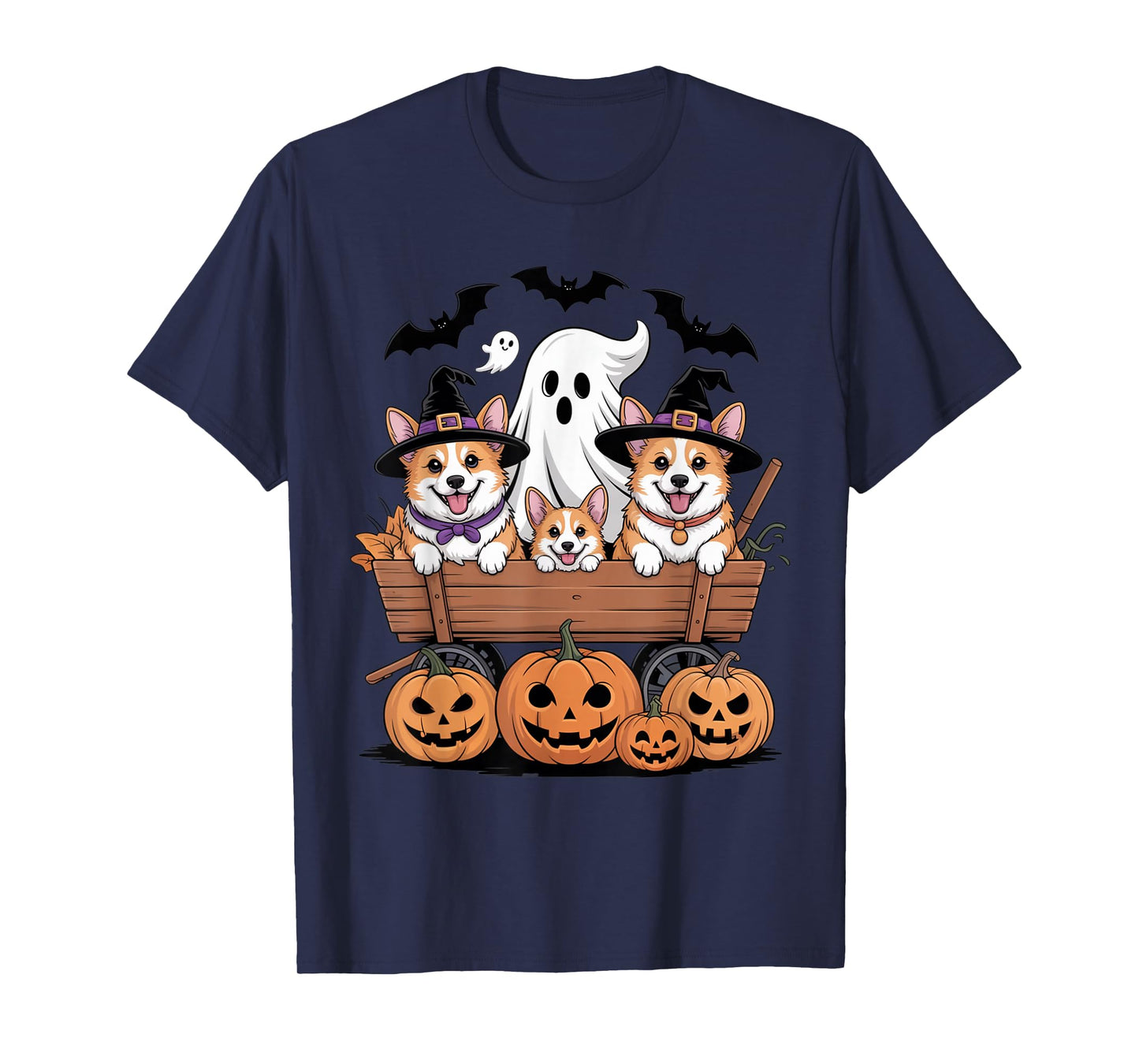 Cute Dogs Halloween Wagon Witch Hats Ghost Pumpkins Spooky T-Shirt
