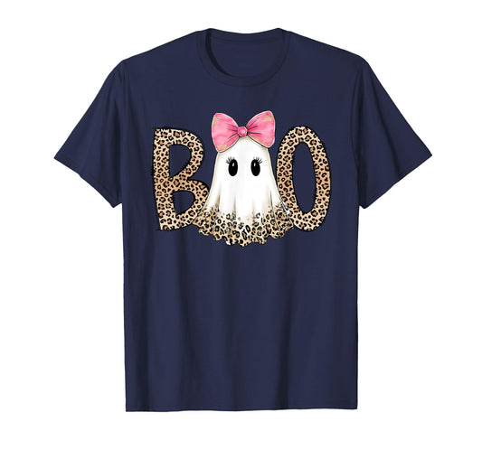 Leopard Ghost Boo Funny Coquette Bow Halloween Girl Women T-Shirt