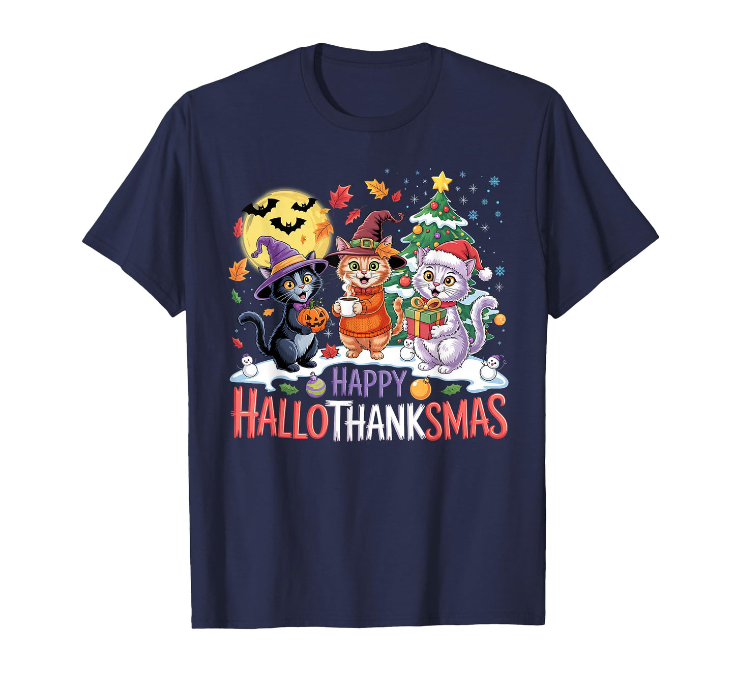 Cute Cat Halloween Christmas Thanksgiving Hallothanksmas T-Shirt
