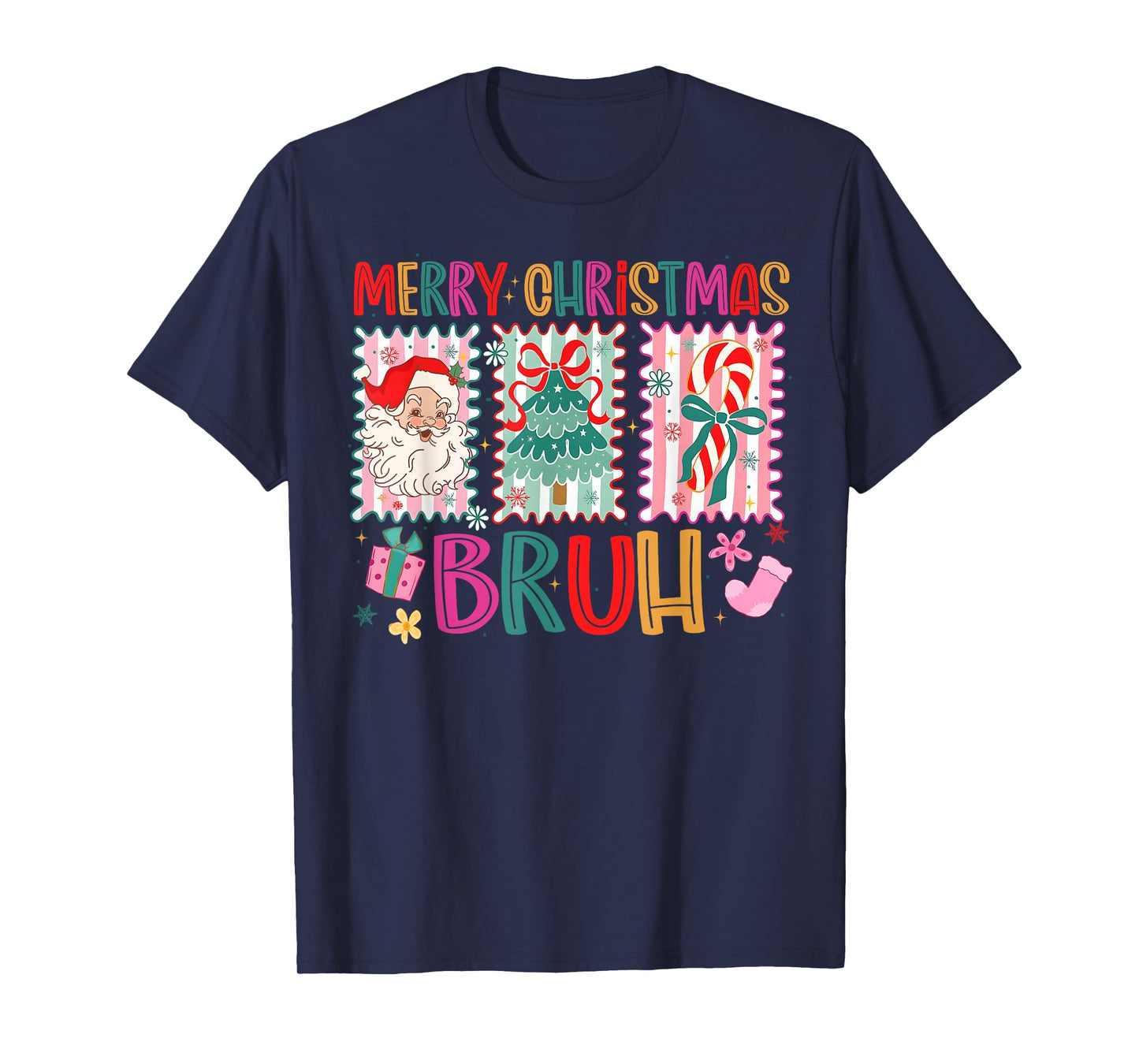 Preppy Merry Christmas Bruh Coquette Bow Santa Women Girl T-Shirt