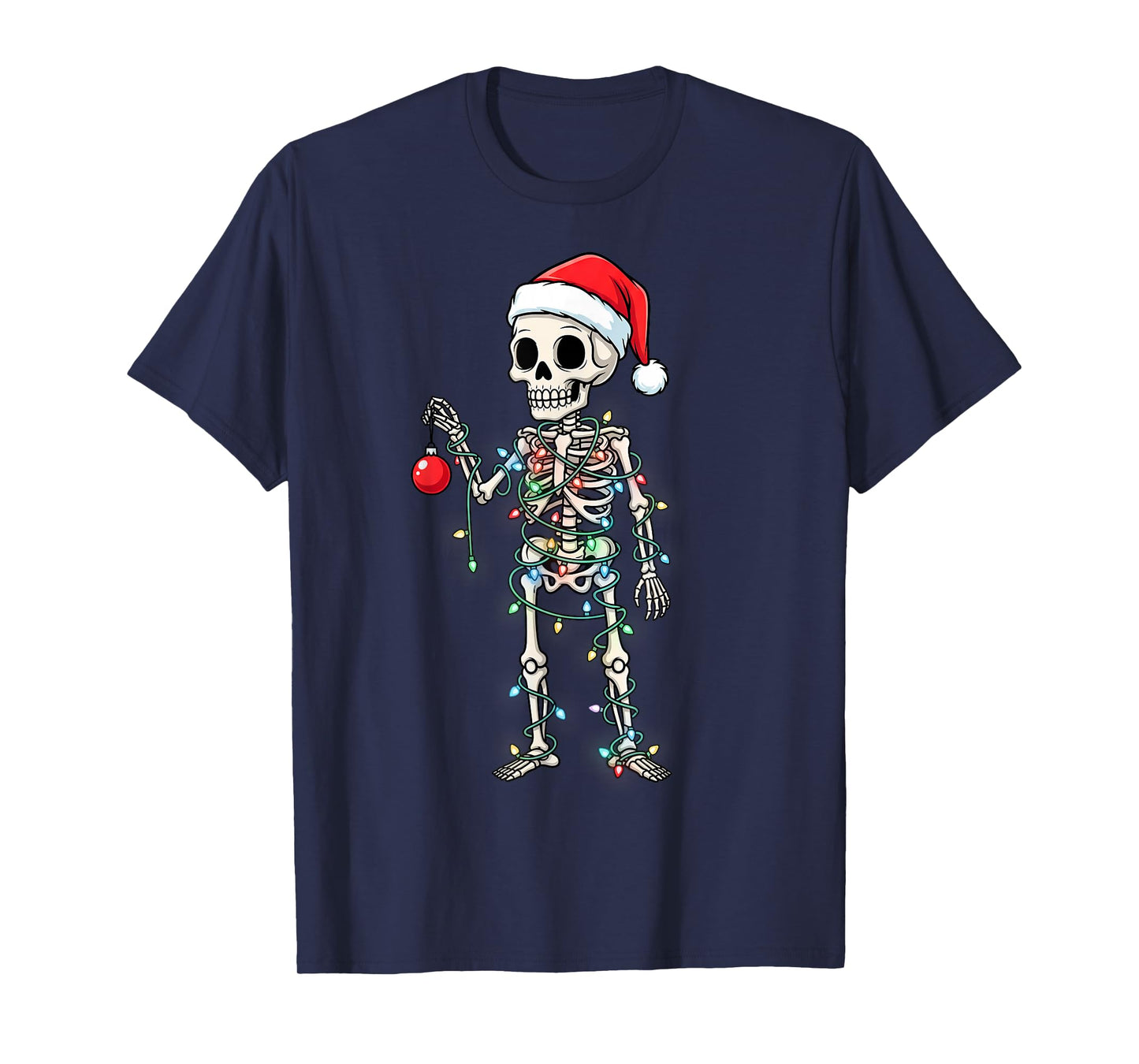 Funny Halloween Skeleton Tangled Christmas Lights Santa Hat T-Shirt