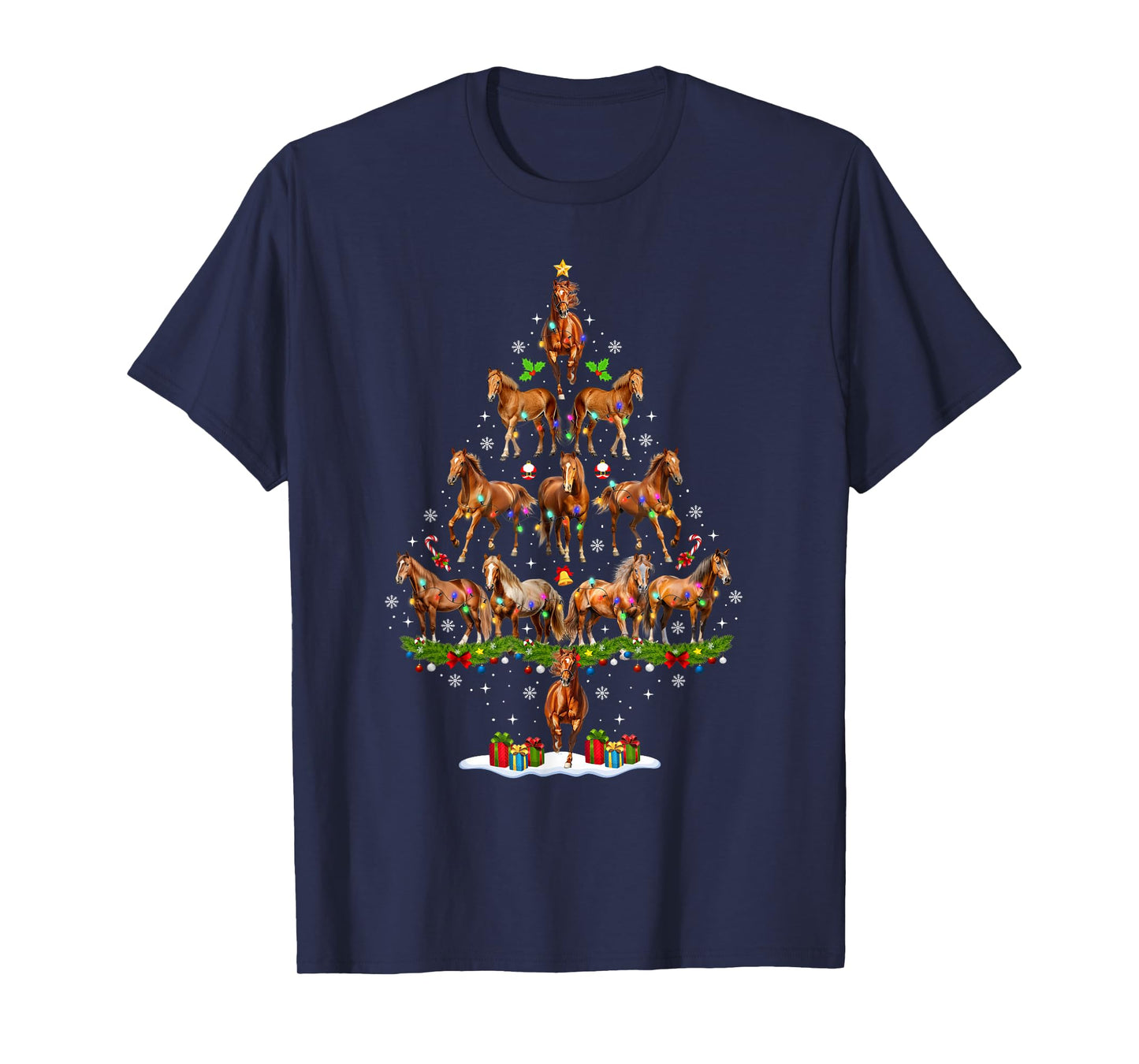 Funny Horse Christmas Tree Lights Santa Hat Xmas Pajamas T-Shirt