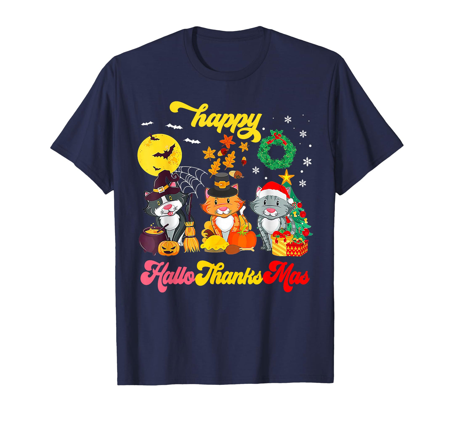 Cat Halloween Christmas Happy Hallothanksmas Thanksgiving T-Shirt