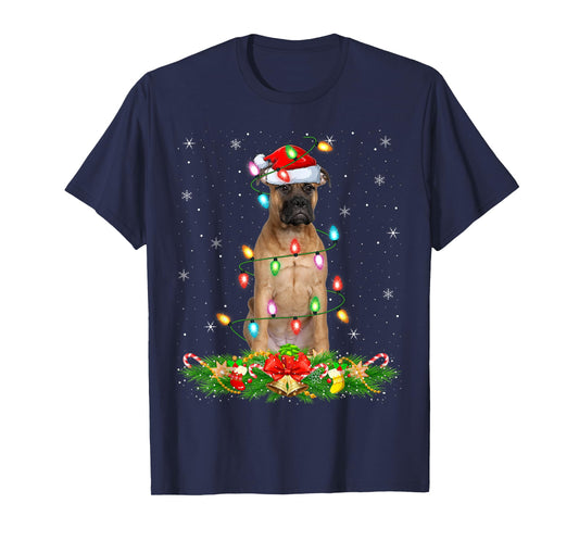 Bullmastiff Dog Christmas Lights Funny Santa Hat Xmas T-Shirt