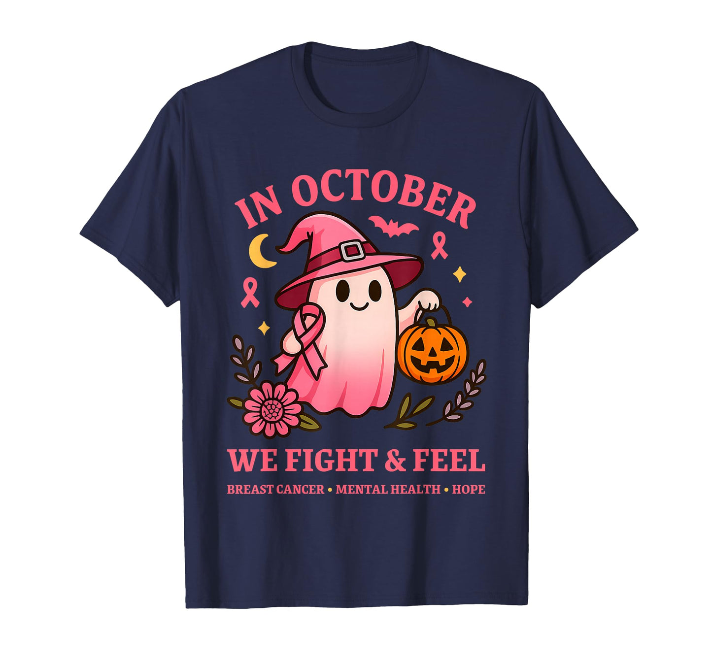 Cute Pink Ribbon Halloween Ghost Breast Cancer Awareness T-Shirt