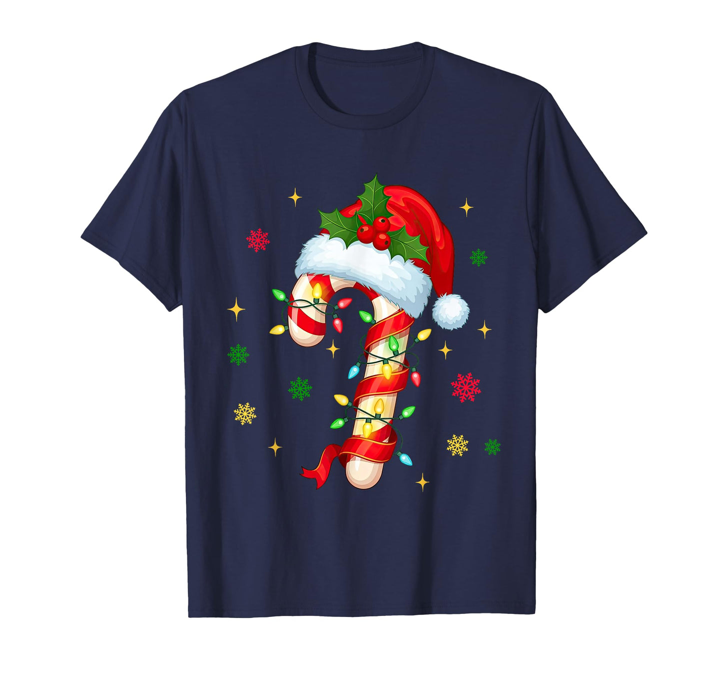 Candy Cane Christmas Lights Santa Hat Xmas Crew Women Girls T-Shirt