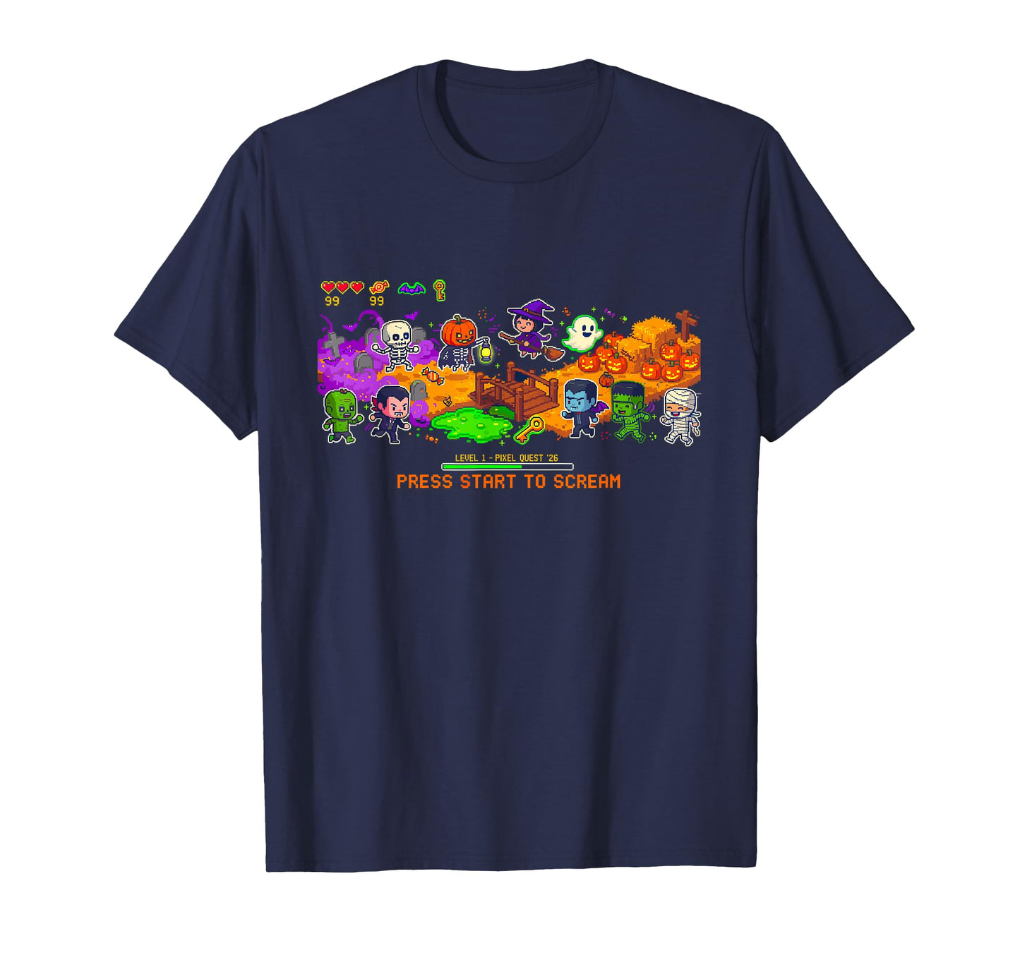 Pixel Art Gamer Ghost Witch Zombie Vampire Costume Halloween T-Shirt