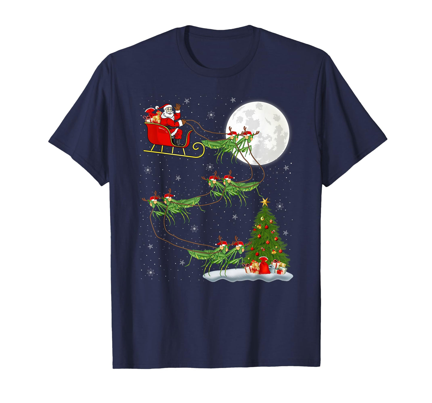 Mantis Insect Santa Sleigh Flying Funny Magical Christmas T-Shirt