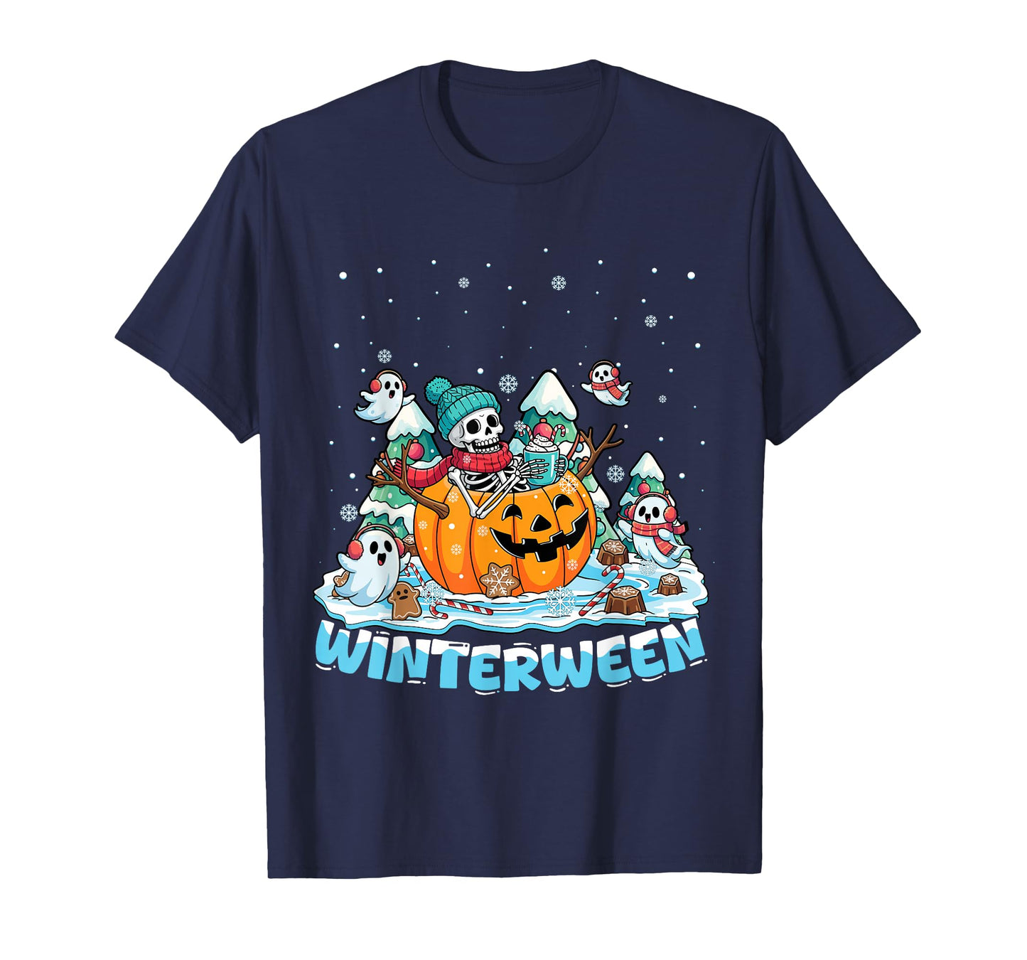 Winterween Winter Halloween Christmas Skeleton Riding Sleigh T-Shirt