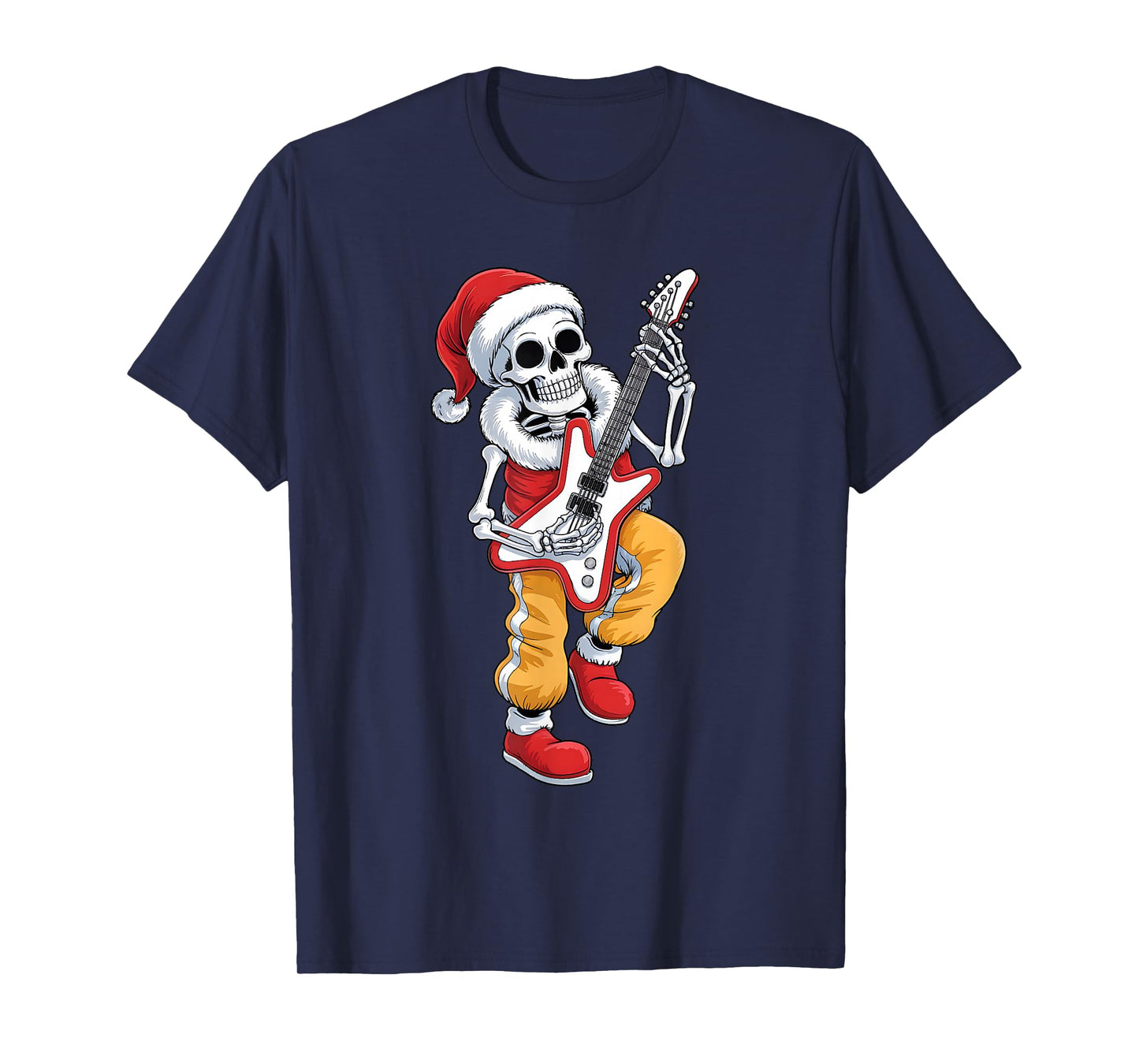 Xmas Santa Skeleton Playing Guitar Rock Funny Christmas T-Shirt