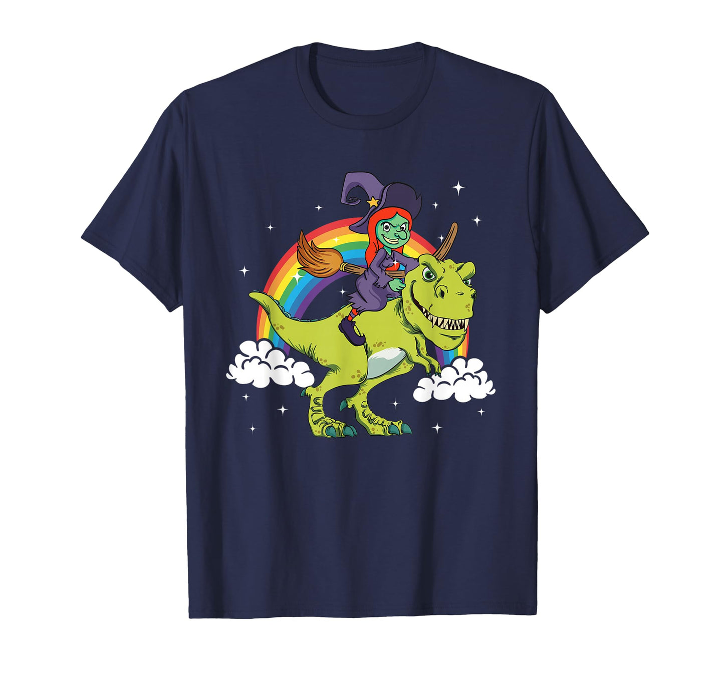 Witch Halloween Dinosaur Tyrannosaurus T-Rex Rainbow Cloud T-Shirt