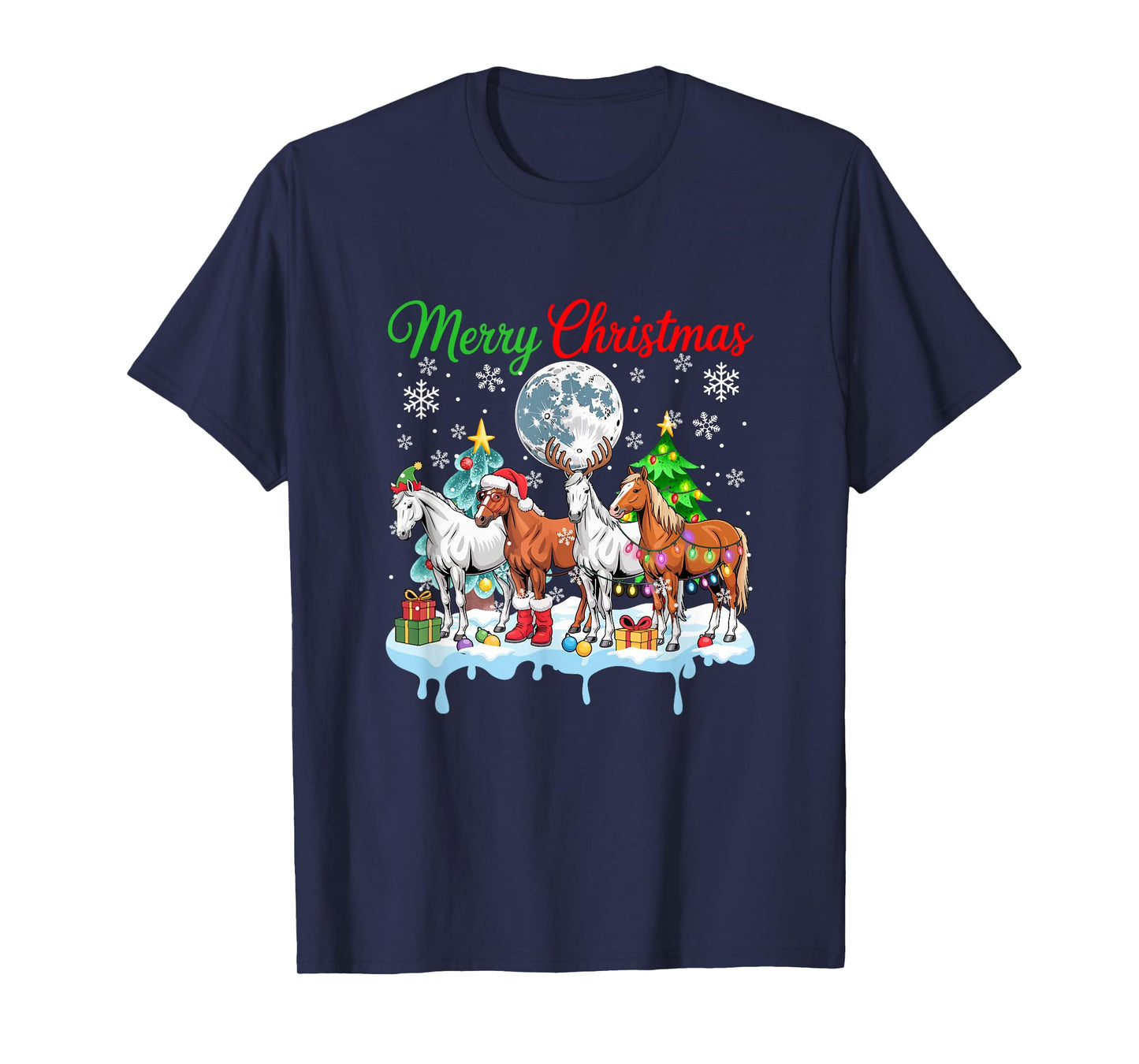 Merry Christmas Snow Group Santa Elf Reindeer Horses Farmer T-Shirt